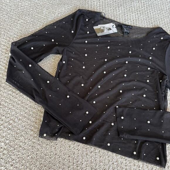 Womens Rhinestone Pearl Mesh See-through Long Sleeve Crop Tops Blouse Shirt Med - Picture 8 of 8